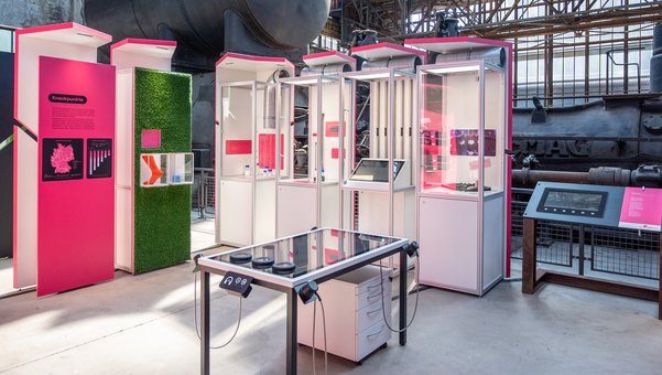 Blick in die Ausstellung. Es sind mehrere Exponate und ein Medientisch zu sehen.