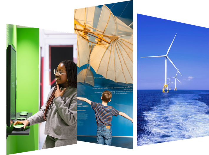Drei Fotos. Auf dem ersten steht eine Jugendliche lächelnd vor einem Ausstellungsexponat, auf dem zweiten steht ein Kind mit ausgebreiteten Armen vor einem Flugobjekt und auf dem dritten sind Offshore Windräder zu sehen.