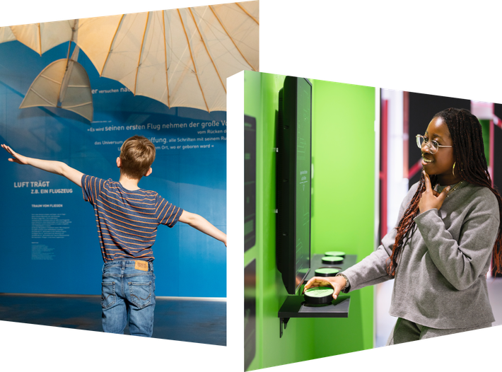 Zwei Fotos. Auf dem ersten steht eine Jugendliche lächelnd vor einem Ausstellungsexponat und auf dem zweiten steht ein Kind mit ausgebreiteten Armen vor einem Flugobjekt.